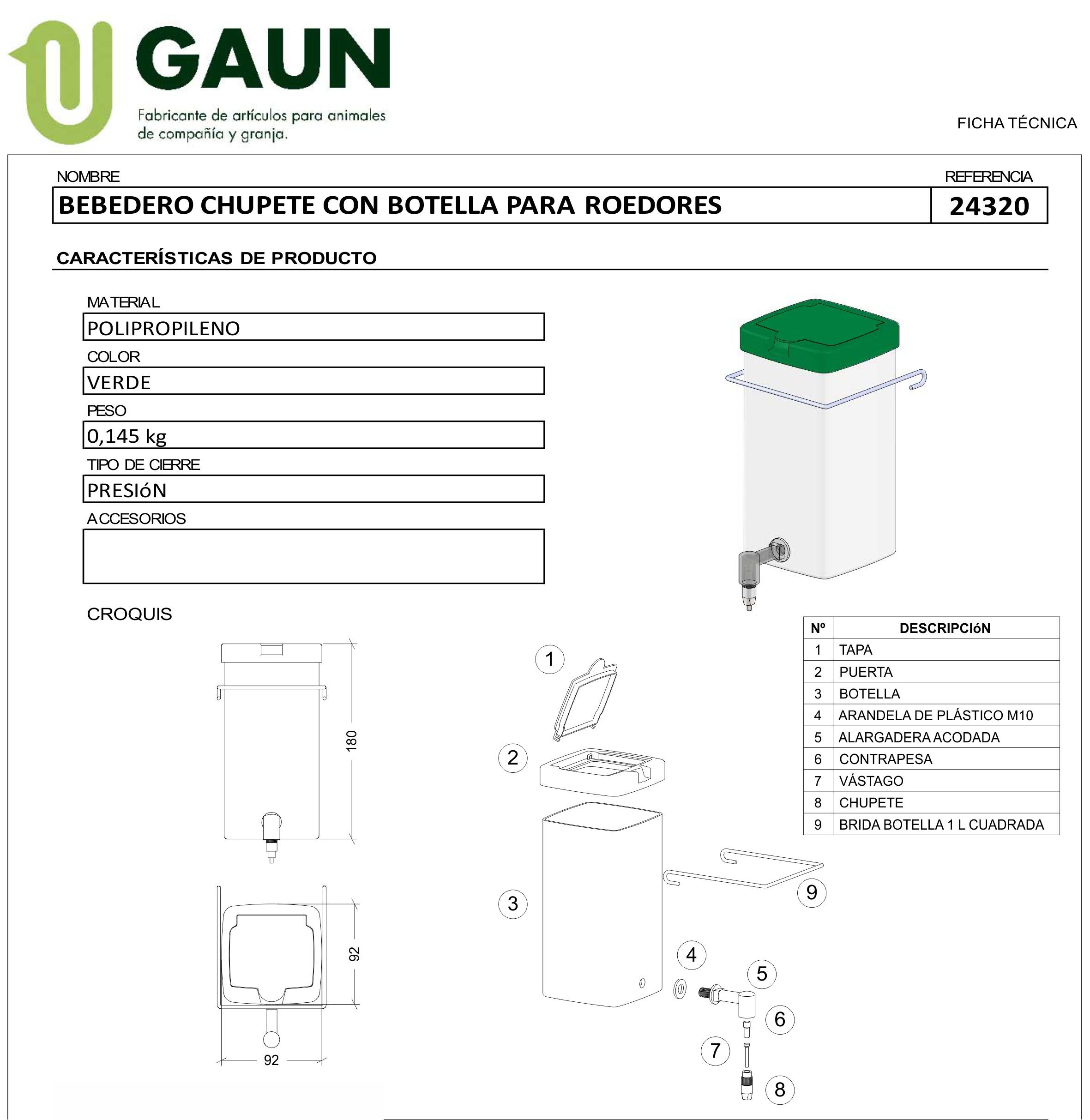 BEBEDERO CHUPETE CON BOTELLA 0.5 LTS. Gaun - Imagen 4