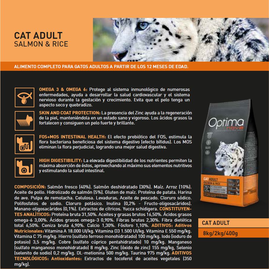 OPTIMA NOVA CAT ADULT SALMON RICE 2 KG.** - Imagen 3