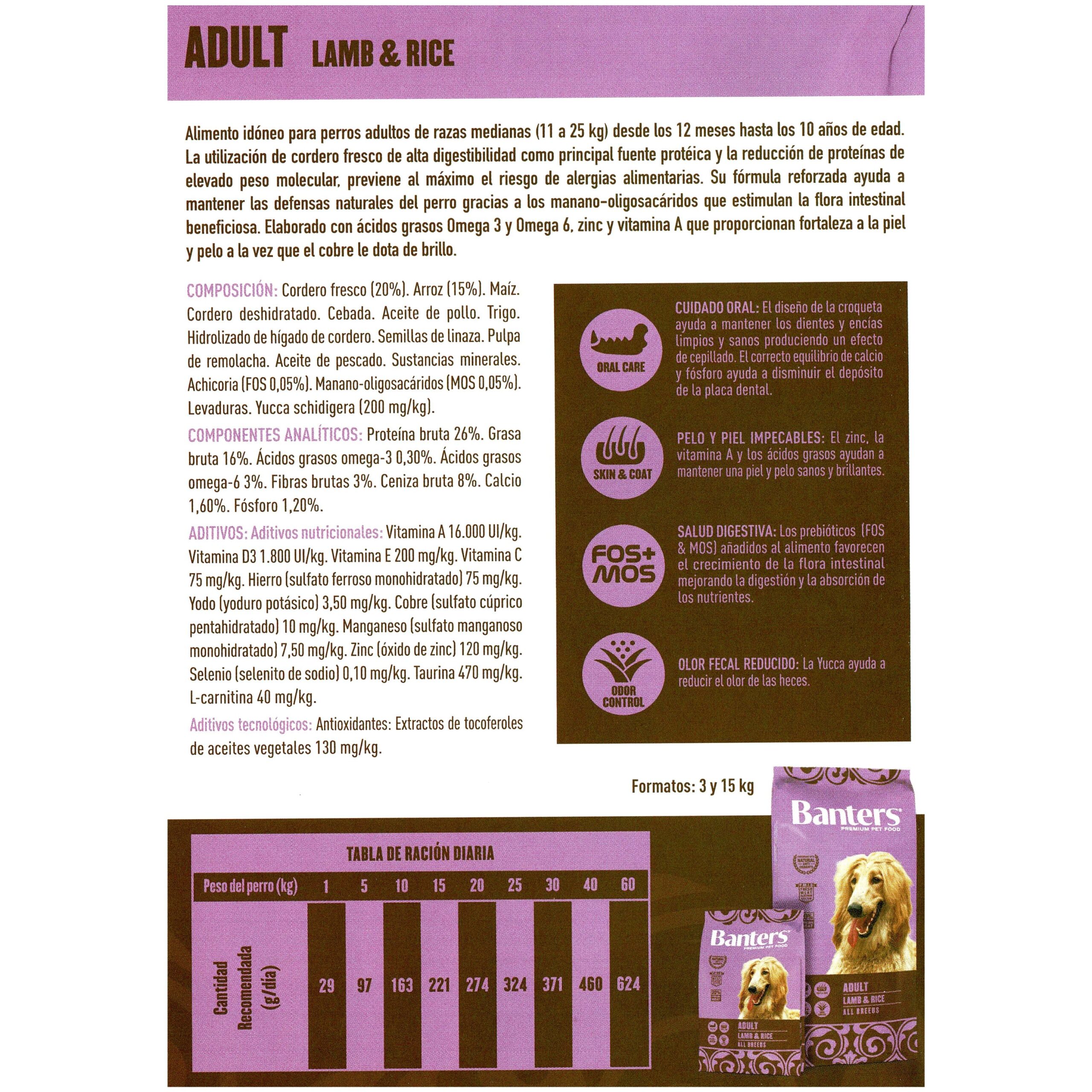 BANTERS DOG ADULT LAMB&RICE 15 KG. - Imagen 2